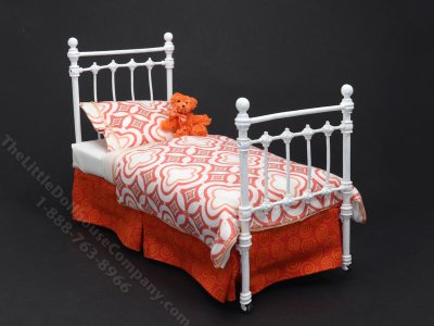 (image for) Miniature Wrought Iron Twin/Single Bed for Dollhouses - Orange & White