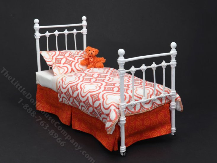 (image for) Miniature Wrought Iron Twin/Single Bed for Dollhouses - Orange & White