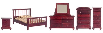 (image for) Miniature 5 Piece Mahogany Bedroom Set for Dollhouses