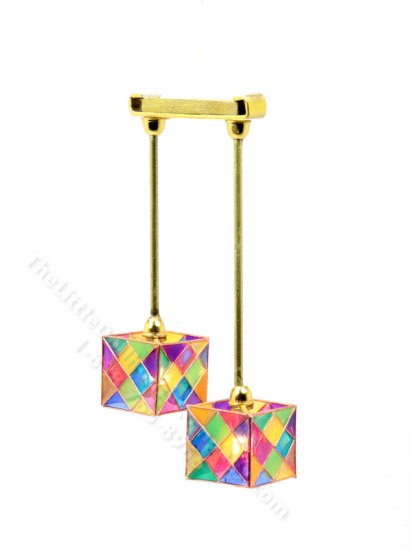 (image for) Dollhouse Miniature Tiffany Glass Square 2 Arm Hanging Light