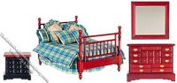 (image for) Miniature Mahogany 4 Piece Double Bed Bedroom Set for Dollhouses