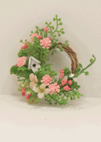 (image for) Miniature Pink Spring Wreath with Birdhouse For Dollhouses