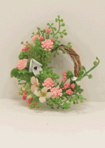 (image for) Miniature Pink Spring Wreath with Birdhouse For Dollhouses