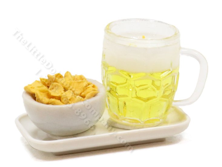 (image for) Dollhouse Scale Model Beer Mug and Bowl of Snacks on Tray