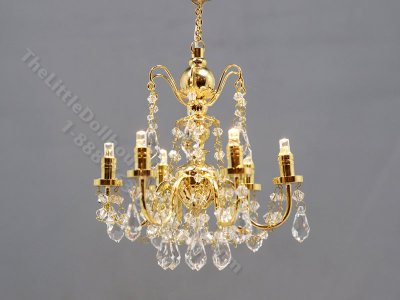 (image for) Miniature Battery Operated 6-Arm Brass Crystal Chandelier with Wand