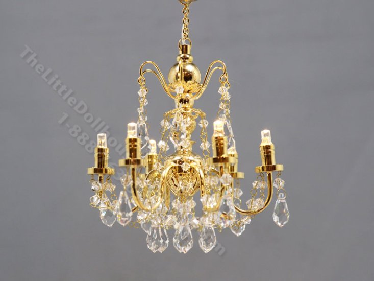 (image for) Miniature Battery Operated 6-Arm Brass Crystal Chandelier with Wand