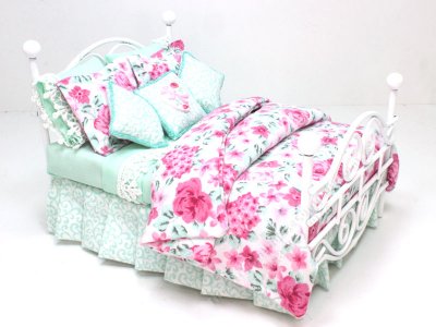 (image for) Miniature White Metal Bed with Pink and Green Floral Dressing