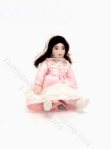 (image for) Miniature Brunette Girl Doll in a Pink Dress