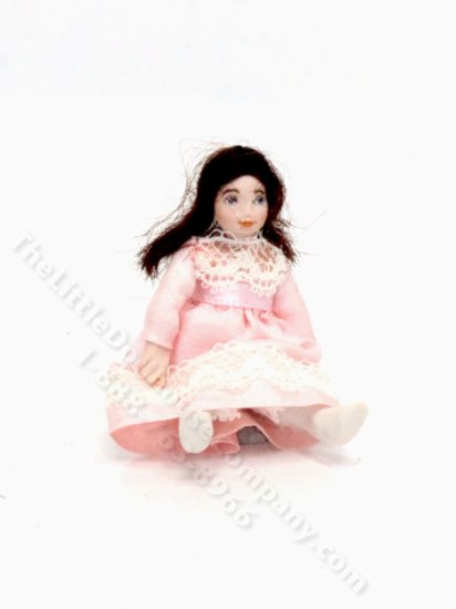 (image for) Miniature Brunette Girl Doll in a Pink Dress