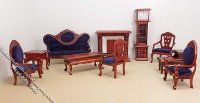 (image for) Miniature Mahogany 10 Piece Living Room Set Blue or Red Fabric