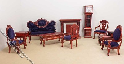 (image for) Miniature Mahogany 10 Piece Living Room Set Blue or Red Fabric