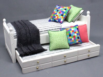 (image for) Miniature White Trundle Bed Dressed in Black and White Stripe