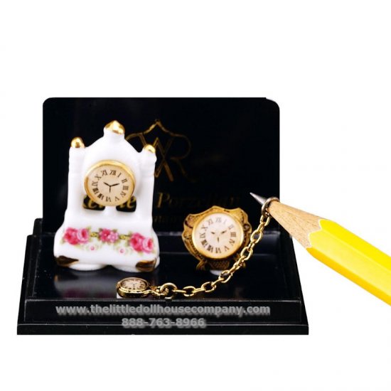 (image for) Clock Trio - Porcelain Pillar Clock with Alarm and Pocket Watch