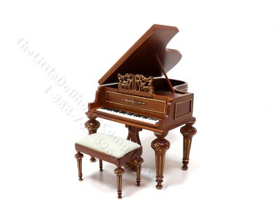 (image for) Miniature Walnut Grand Piano and Stool Set for Dollhouses