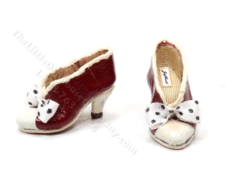 (image for) Miniature Red and White Leather Ladies Shoes by Judith Blondell for Dollhouses