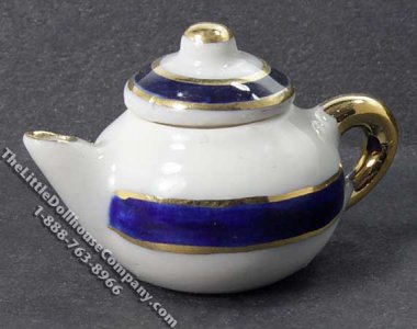 (image for) Miniature Blue with Gold Trim Tea Pot w/Lid for Dollhouses