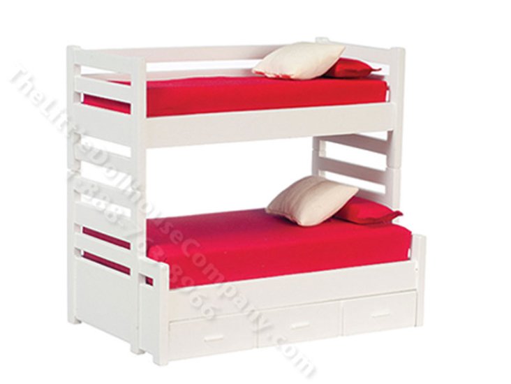 (image for) Miniature White Bunk Bed with Trundle for Dollhouses