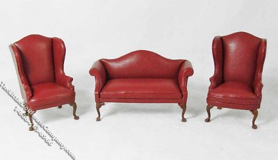 (image for) Miniature Three Piece Red Sofa & Chair Set for Dollhouses