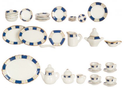 (image for) Miniature Porcelain w/Blue Trim 35pc Tea Set for Dollhouses