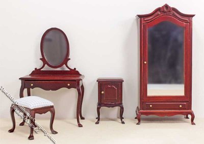 (image for) Miniature Mahogany 4 Piece Bedroom Set for Dollhouses