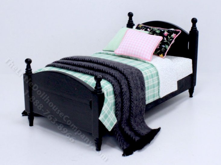 (image for) Miniature Black Bed Dressed in Green and White Bedding