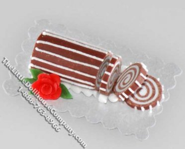 (image for) Dollhouse Scale Model Chocolate Log Roll Cake w/Red Rose