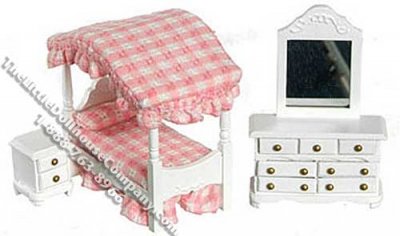 (image for) Miniature 1/2" Scale White 3 Piece Bedroom Set for Dollhouses