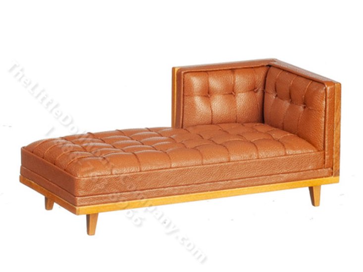 (image for) Miniature Mid Century Brown Leather Chaise for Dollhouses