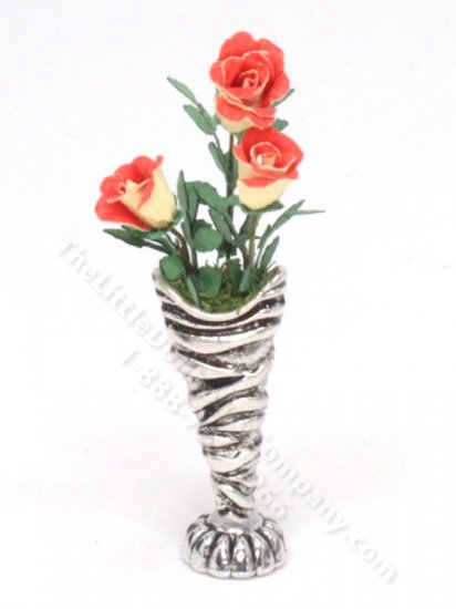 (image for) Miniature Red and Yellow Roses in a Silver Vase