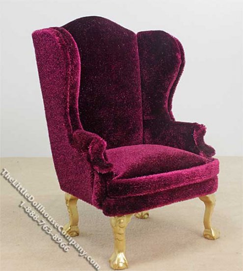 (image for) Miniature Red Wine Velvet Wing Chair for Dollhouses