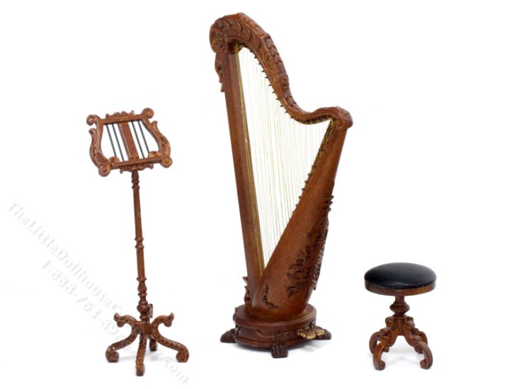 (image for) Miniature 3 Piece Walnut Harp Set for Dollhouses