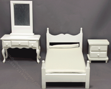 (image for) Miniature 4 Piece White Bedroom Set for Dollhouses