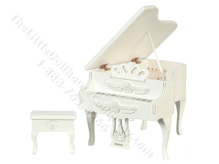 (image for) Miniature Carved White Piano with Stool for Dollhouses