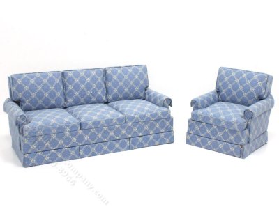 (image for) Vintage Miniature Sofa & Chair Set with Blue Diamond Pattern