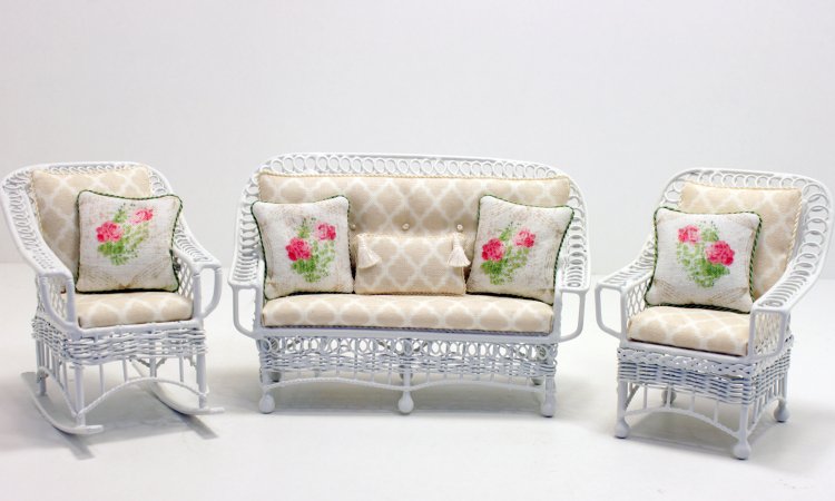 (image for) Miniature Metal White 3-Piece Seating Set with Beige Cushions