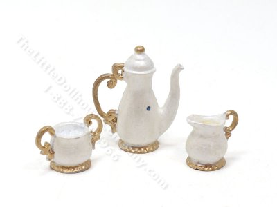 (image for) Miniature Georgian Style 3 Piece Coffee/Tea Set for Dollhouses - Pearl White & Gold