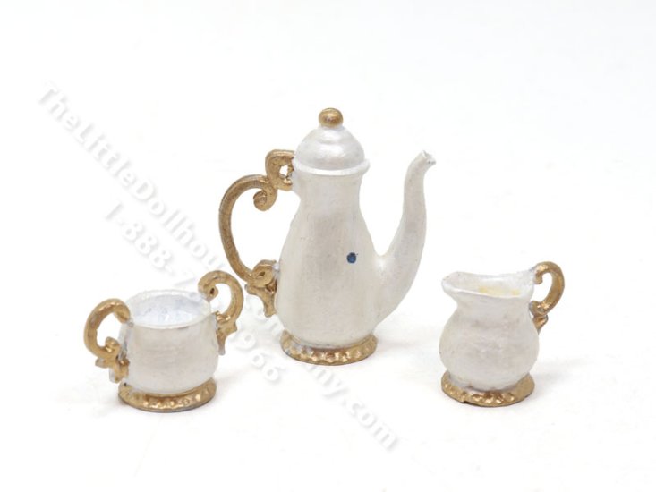 (image for) Miniature Georgian Style 3 Piece Coffee/Tea Set for Dollhouses - Pearl White & Gold