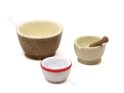 Miniature 4 Piece Mixing Bowl and Mortar Pestle Set for Dollhouses (image for) Miniature 4 Piece Mixing Bowl and Mortar Pestle Set for Dollhouses
