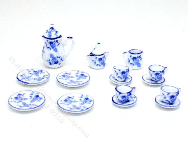 (image for) Miniature 15 Piece Blue Floral Dinner Set for Dollhouses