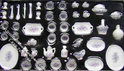 (image for) Miniature 51 Piece Purple Floral Dinner Set for Dollhouses