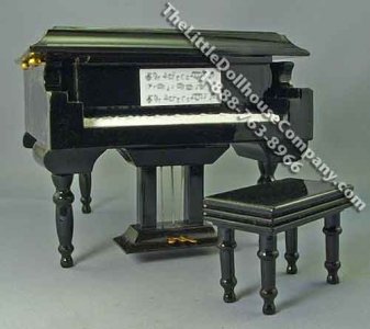 (image for) Miniature Black Grand Piano and Bench for Dollhouses