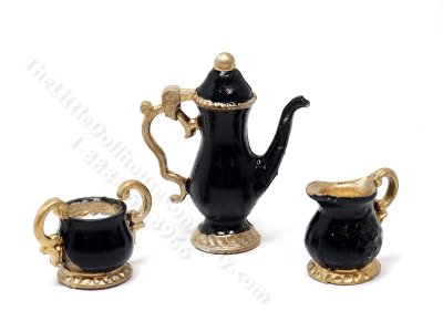 (image for) Miniature Georgian Style 3 Piece Coffee/Tea Set for Dollhouses - Black & Gold