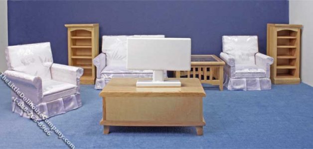 (image for) Miniature Eight Piece Oak Living Room Set for Dollhouses