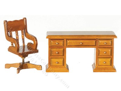(image for) Miniature Walnut Desk and Chair for Dollhouses