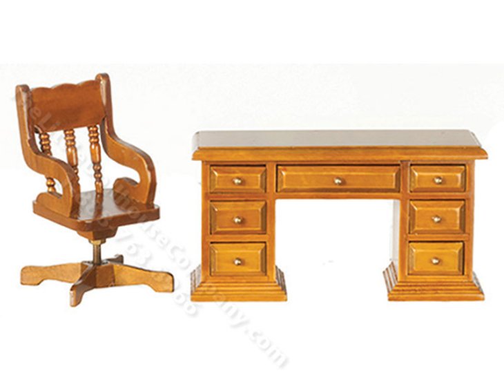 (image for) Miniature Walnut Desk and Chair for Dollhouses