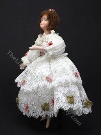 (image for) Vintage Miniature Victorian Lady in White Lace Dress with Green and Pink Bows