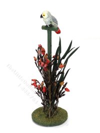 (image for) Vintage Miniature African Grey Parrot on Perch with Red Flowers for Dollhouses