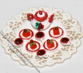 (image for) Dollhouse Scale Model Quarter Scale White/Red Tea Set