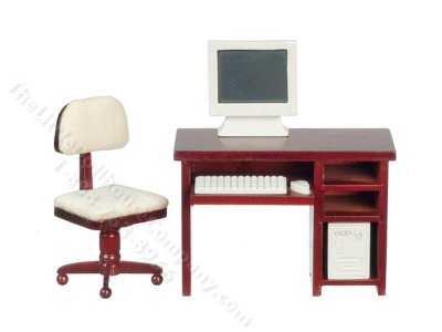(image for) Miniature Computer Desk for Dollhouses - Mahogany