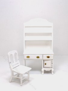 (image for) Miniature White Desk with Shelves and Chair Set for Dollhouses